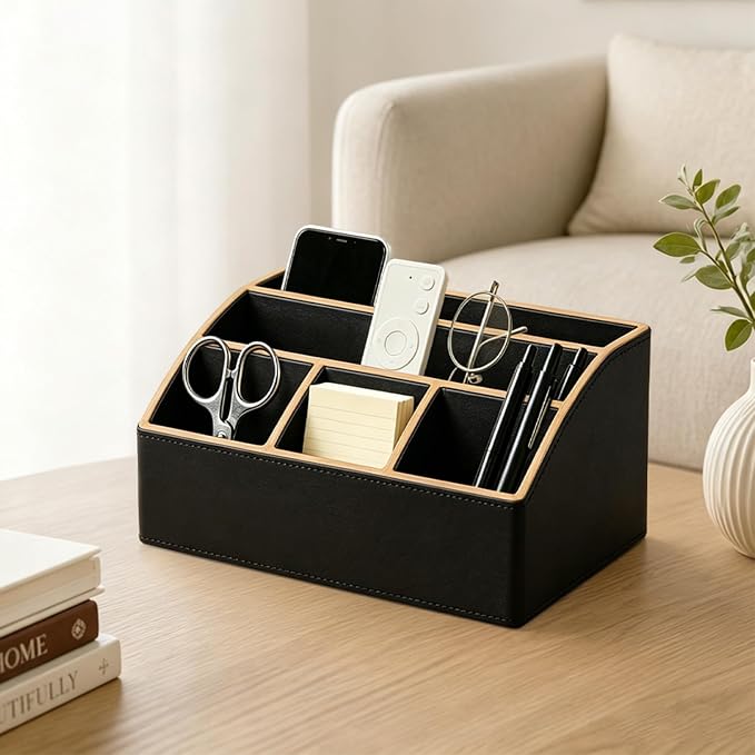 TV Remote Control Holder, Mail Organizer Countertop, Office Bill Sorter | PU Leather Aesthetic 5-Slot Pen/Pencil Caddy, Art Supplies Storage Box for Makeup Brushes, Nightstand Accessories Home Decor