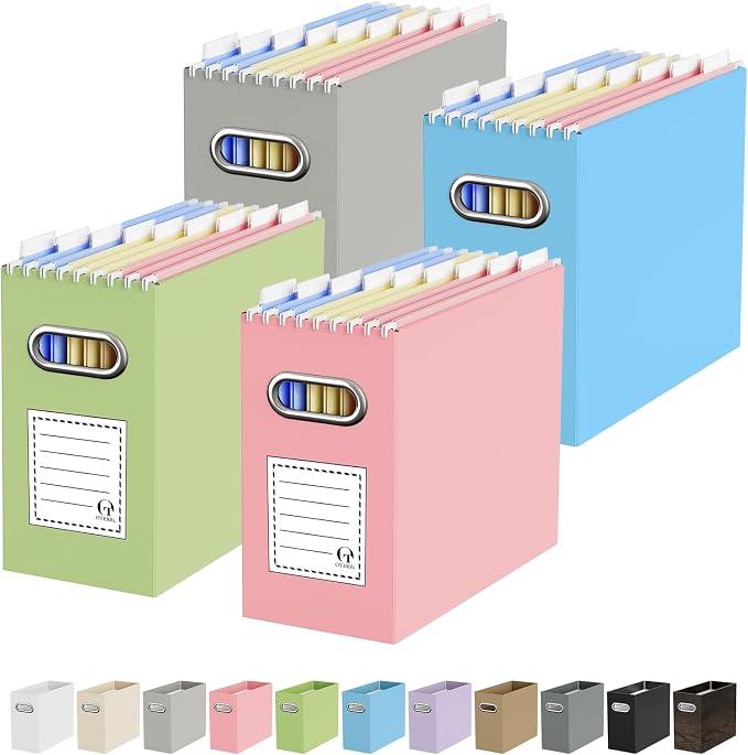 Portable Collapsible Cardboard File Box with Handle for Letter-Size | 4-Pack. Stainless Steel Handle. Label Stickers Included. Fits Letter Folders (Not Included). Home, Office, School, Dorm, Tax.