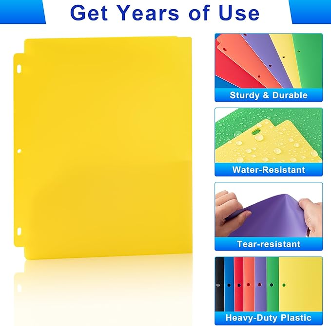 Plastic 3 Hole Punch Folders with Pockets (7 Pack, Orange), Fits 3-Ring Binder, Divider Folder for Notebook, Durable Poly，Holds US Standard 8.5x11 Letter Size Paper