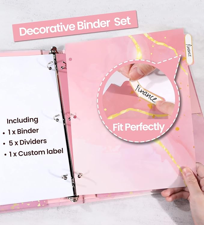 SUNEE Pink Marble 1 Inch 3 Ring Clipboard Binder with Dividers, Letter Size