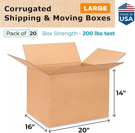 Large Shipping & Moving Boxes 20"L x 16"W x 14"H (20-Pack) - Extra Strength 200 lb vs Regular - Corrugated Durable Moving Boxes for Shipping - Large Box for Moving - Carton Box by IDL Packaging | Extra Strength 200 lb vs Regular - Corrugated Durable Mo...