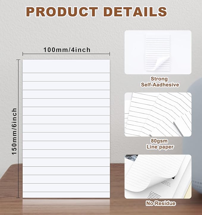 400 Sticky Notes White,100 x 150 mm Giant Wall Post Strips for Office Home | 8 Pack/400 Sheets Lined Self-Adhesive Notes,Large Notes Wall Pads, Marking Pages for Office Staff & Corporate, Study