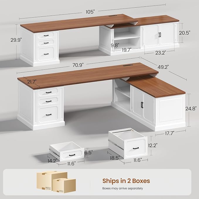 SEDETA Farmhouse L Shaped Desk with Drawers, 70.9" Home Office Desk with Storage Cabinet and Storage Shelves, L Shaped Computer Desk with Power Outlet，White+Brown