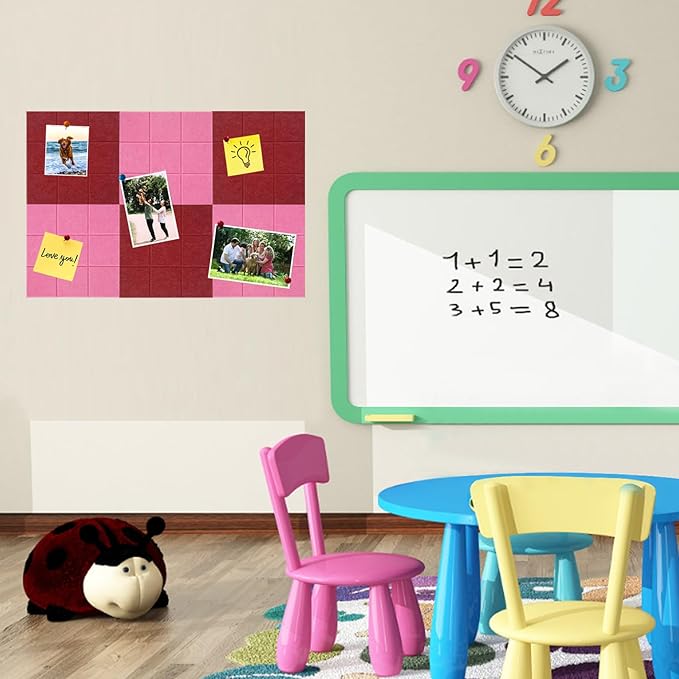 Large Square Felt Cork Board Tiles, Self Adhesive DIY Felt Bulletin Board Pin Board with 35 Pushpins for Office School Home Wall Decor Stickers Memos Photos Display (Red & Pink)