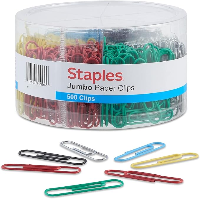 Staples Jumbo Paper Clips, 1.75", Assorted Colors, 500 Pack – Large Clips for Thick Papers & Color‑Coded Organization