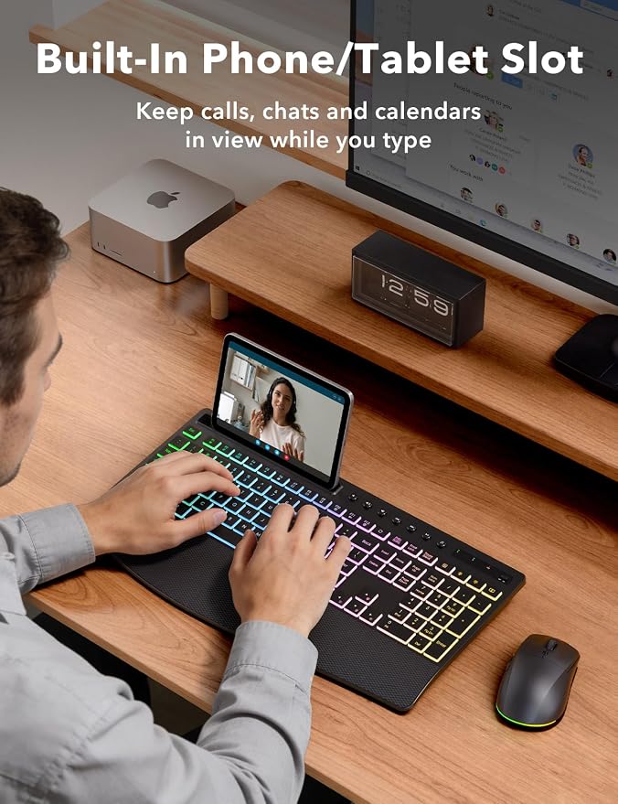 Trueque Wireless Keyboard and Mouse Combo, 4000mAh Battery, Wrist Rest | Rechargeable, 15 Backlit Effects, Full Size, Phone Holder, Quiet Typing, 2.4GHz Wireless, USB-A & C Connectivity for Windows