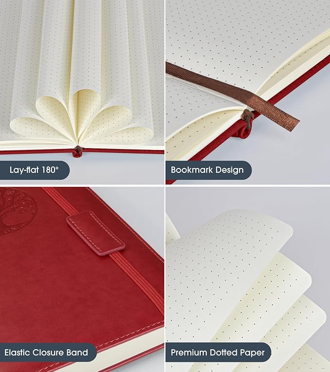 Dotted Journal Notebook for Women Men, 140 Pages Hardcover Dot Grid Notebooks for Work, School & Travel, Leather Journals for Writing, Bullet Journaling 5.7"×8.3" (Winered)