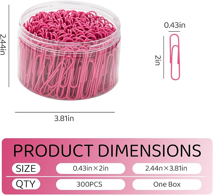 Jumbo Paper Clips, 2 Inch Large Paper Clip, 300 pcs Paperclips, Pink