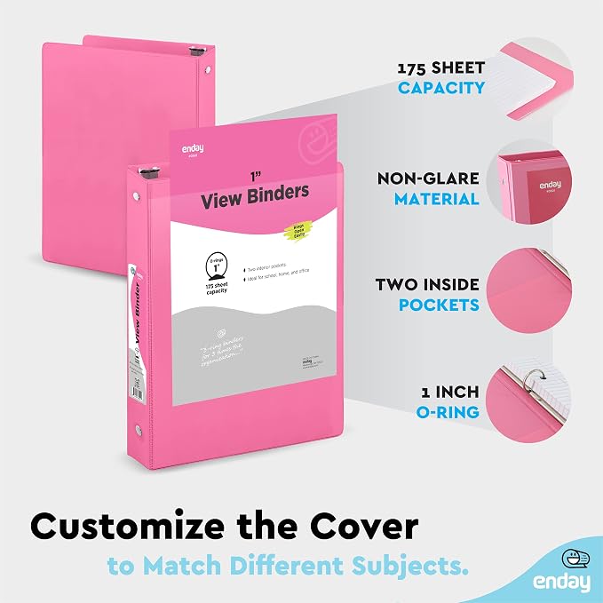 Enday 3 Ring Binder 1 Inch Pink 1 Pack, Holds 175 Sheets of Letter Paper, Clear View 1" Three Ring PVC-Free Fits 8.5x11 Inches for School or Office Supplies