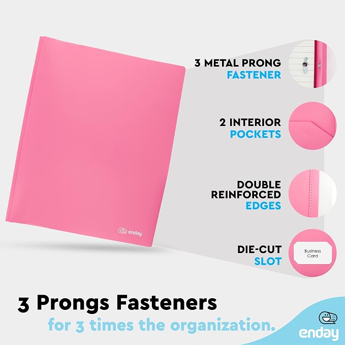 Plastic Folders with Pockets and Prongs Pink - Two Pocket Folder with Brads - 3 Prong Folders with Pockets for Letter Size Sheets, Also Available in Blue, Green, Red, Purple, and Grey, 6 Pc –by Enday