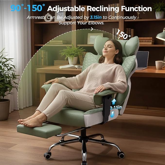 GTPLAYER Big and Tall Gaming Chair 400lbs Heavy Duty Office Chair with Foot Rest & Ergonomic Pocket Spring Lumbar Support, High Back 3D Saddle Shaped Cushion for Back Pain Relief, Green