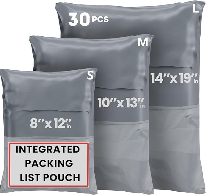 Poly Mailers Shipping Bags (30 Pack) — Self-Seal Plastic Mailing Envelopes, 3 Sizes incl. 8x12, poly mailers 10x13 & 14x19 — Tear & Water-Resistant Plastic Shipping Bags for Clothing Not Padded, Grey