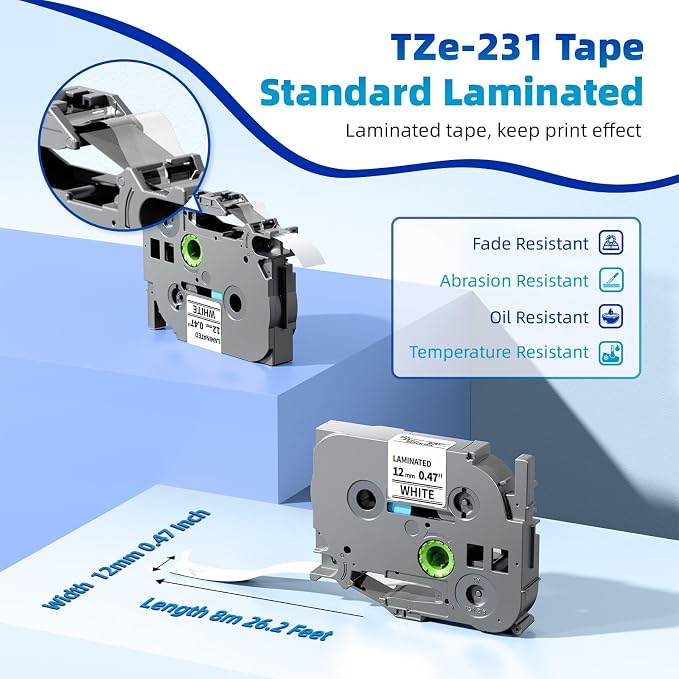 10 Pack TZe-231 TZe TZ Tape 12mm 0.47 Laminated White Label Maker Tape | TZe231 Compatible with Brother P Touch Label Tape 12 mm for PT-D220 D210 H110 D410 D610BT PT-710BT E550W