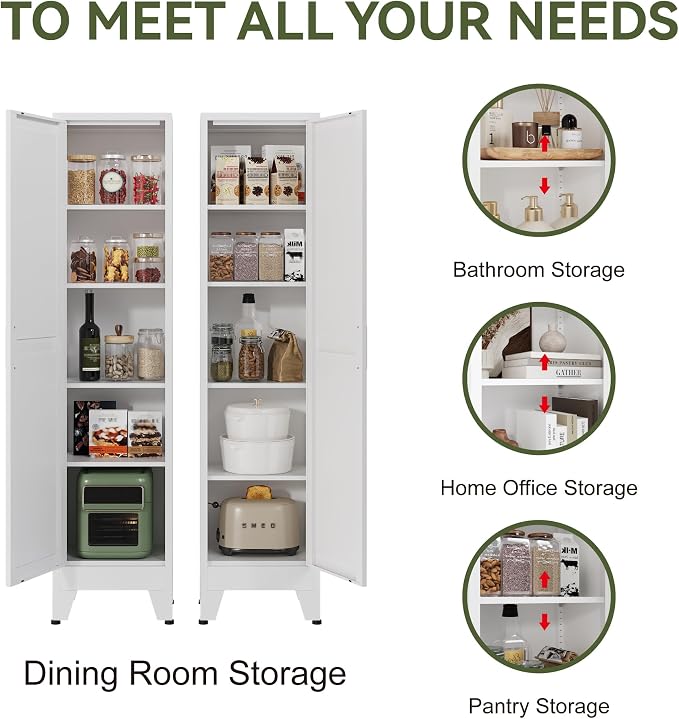 COFaR Tall Bathroom Storage Cabinet, Metal Farmhouse Narrow Slim Cabinet with Adjustable Shelves Barn Door for Bathrooms, Kitchens, Entrances Living Room (White)