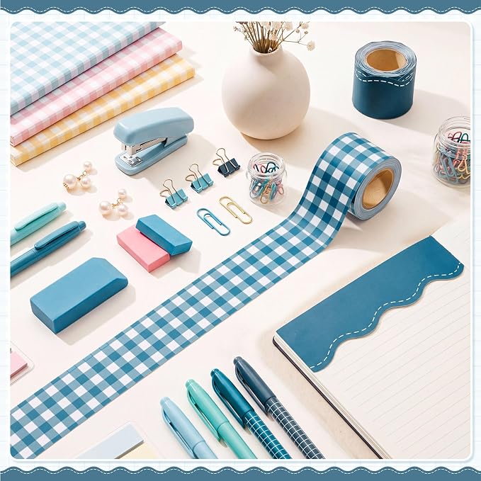 2 Rolls 65.6ft Dusty Blue Gingham Bulletin Board Borders Decoration Blue Checkered and Straight Edge Bulletin Borders Board Trim for Office School Classroom Chalkboard Party Decoration