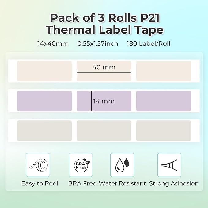 NELKO Genuine P21 Label Maker Tape,14x40mm, 3-Roll, Beige/Brown/Purple | Easy to Peel, BPA-Free, Strong Adhesion, Water-Resistant & Oil-Proof, Great for School, Office, Home, Kitchen, Black on White