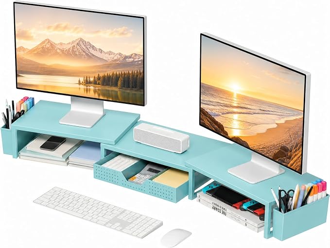 Desk Organizers and Accessories, Dual Monitor Stand Riser with Drawer and 2 Pen Holders, Desk Shelf Computer Monitor Stand for Office Workspace Organizers, Desktop Organization (Blue)