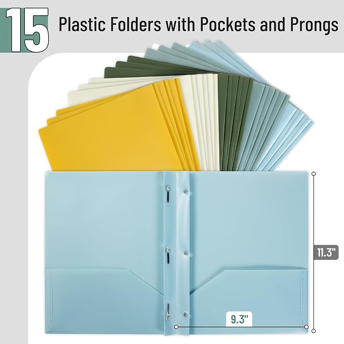 Mr. Pen- Plastic Folders with Pockets and Prongs, 15 Pack, Letter Size | Colorful, Flexible Plastic Folders with Prongs & Card Slot