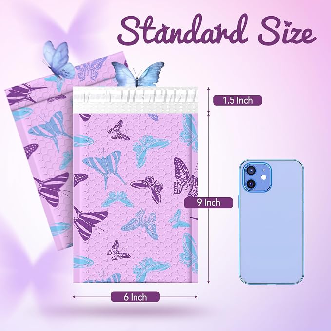 Fuxury Bubble Mailers 6x10" Pinkish-Purple Padded Envelopes 600 Pack | with Blue-Purple Butterfly Special Design Padded Mailers Waterproof Bubble Envelopes for small business Jewelry Makeup #0