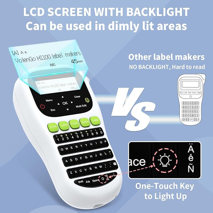 H1100 Label Maker, Labeler Machine with 4 Tapes 12mm Laminated | Backlit Handheld Labeling Maker, Portable Label Printer for Home, Waterproof Removable Freezer Food-Labels for Jar/Containers