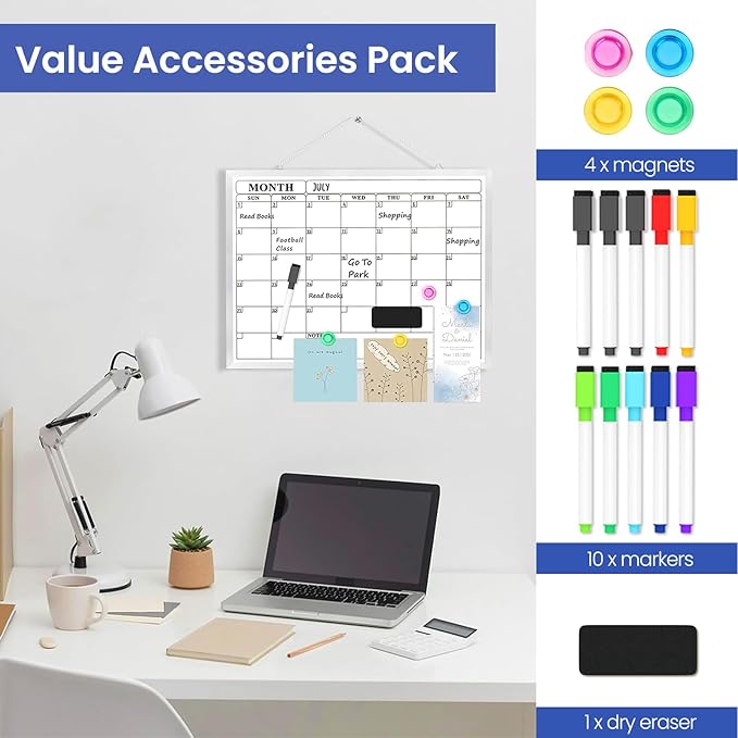 Monthly Calendar Dry Erase Board for Wall, 16"x12" Double-Sided Magnetic Calendar White Board with Hooks, Silver Aluminum Alloy Frame Hanging Whiteboard for Office, Home, School