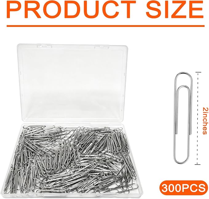 Large Paper Clips,2 Inch Paper Clip for Office Supplies,Jumbo Big Stainless Steel,Heavy Duty, Smooth,Ideal for Bookmark- Pack of 300