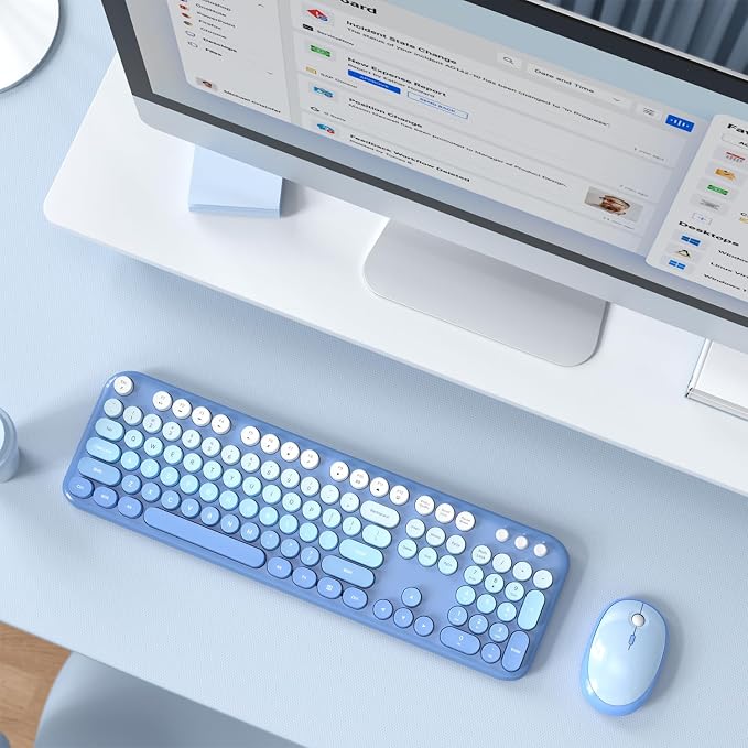 MOFII Wireless Keyboard and Mouse Combo, Computer Full Size 2.4G Plug and Play Wireless Typewriter Retro Round Keyboard and Mouse Set for Windows, Computer, Desktop, PC, Notebook - (Light Blue)