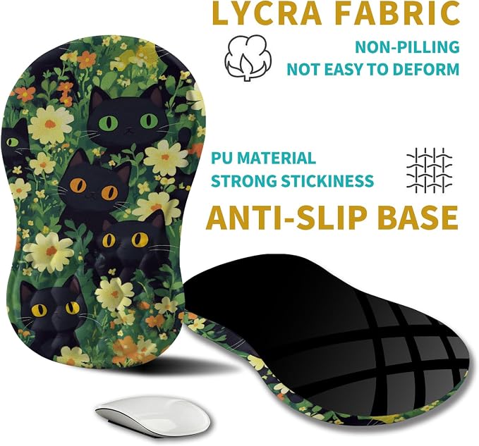 Hokafenle Ergonomic Mouse Pad Wrist Support, Wrist Rest Mousepad for Carpal Tunnel Pain Relief with Integrated Memory Foam Slope Massage Bulge (11.8x7.9 inch,Cute Cat
