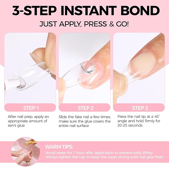 Super Strong Nail Glue for Press On Nails: 10g Semi Nail Glue with 12ml Glue Remover Kit, Quick Dry, No UV Lamp Needed with Gentle Non-Acetone Remover, Long Lasting for Acrylic Fake Nails Tips