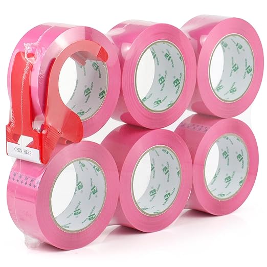 BOMEI PACK Pink Packing Tape with Dispenser, 2.4 Mil 1.88 Inch x 110 Yards, 6 Refills Rolls Pink Color Box Packaging Tape for Moving, Shipping, Mailing and Storage