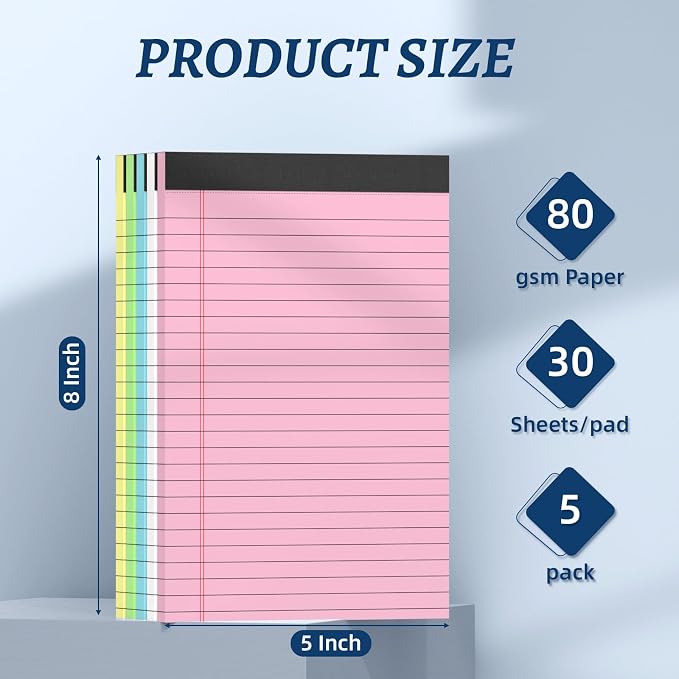 5 Pack 5 x 8 Inch Colored Legal Pads, 5 Bright Colors Double-Sided Lined Notepads with Hard Backing for Office, School & Home, Thick Perforated No-Bleed Paper for Students, Teachers & Professionals