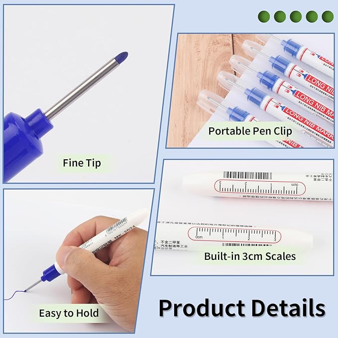 15 Pcs Long Nib Marker, 20 mm Long Head Deep Hole Marker Pens, Fine Nose Tip Deep Reach Permanent Paint Markers for Metal, Marking Pen for Drilling, Carpenter, Woodworking, Construction (Blue)