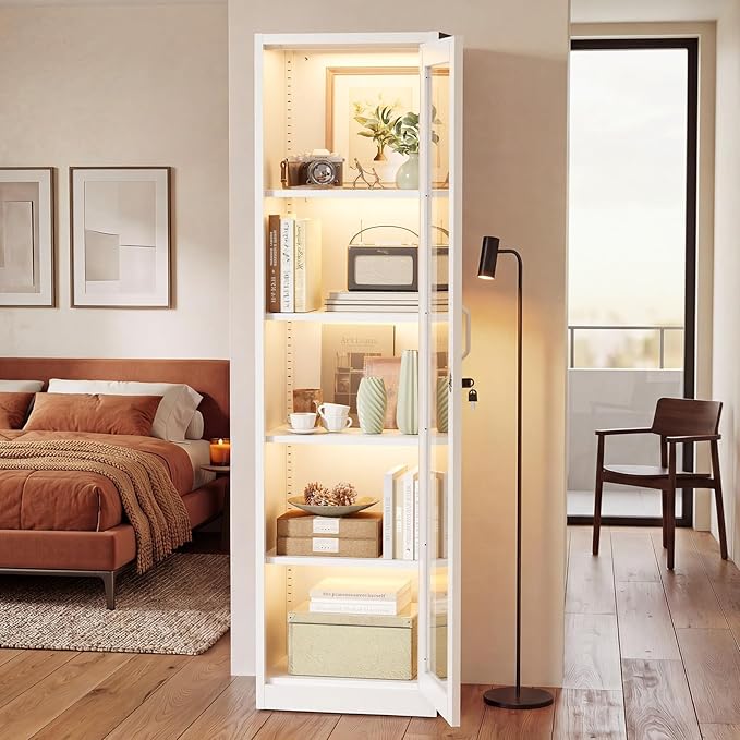 VINGLI Lockable Display Cabinet with Glass Door & 4 Adjustable Shelves, 65" Tall Metal Storage Cabinet Curio Liquor, Bookshelf Bookcase for Home Office Living Room Pantry Garage (White)
