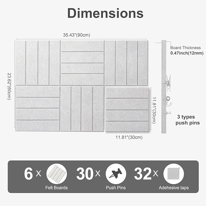 0.47" Thick Felt Wall Tiles 36"x24" Cork Board Alternative 6 Pack 11.81"x11.81"Felt Bulletin Board Pin Board with Removable Adhesive Tape&30 Pushpins for Home Office School(Bold-Light Camel)