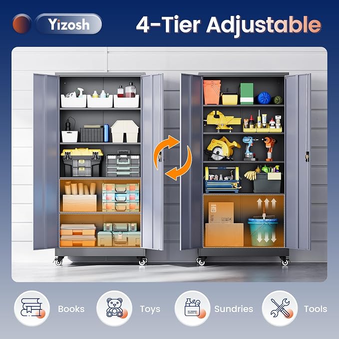Metal Garage Storage Cabinet with Locking Doors and Adjustable Shelves,- 75" Rolling Steel Tool Cabinet for Home Office,Garage,Warehouse