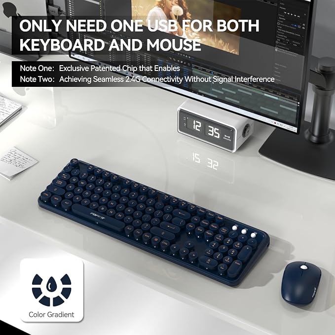 Wireless Keyboard and Mouse Combo, 104 Keys Full-Sized 2.4 GHz Round Keycap Colorful Keyboards, USB Receiver Plug and Play, for Windows, Mac, PC, Laptop, Desktop (DarkBlue)