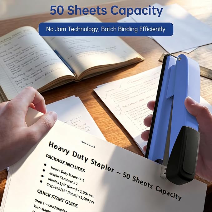 Metal Stapler Heavy Duty for Desk - 50 Sheet Capacity with 2000 Pieces 1/4", 5/16" Staples and Staple Remover, No Jam, Non-Slip, Stapler Heavy Duty for Classroom and Office, Blue