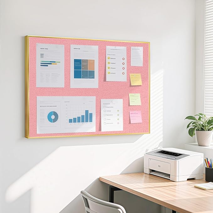 Linen Bulletin Board, 36"x24" Decorative Fabric Pin Board Vision Board | Gold Aluminum Frame, Upgraded Pink Canvas Surface, Wall Mounted, for Home Office Bedroom Dorm Wall Decor