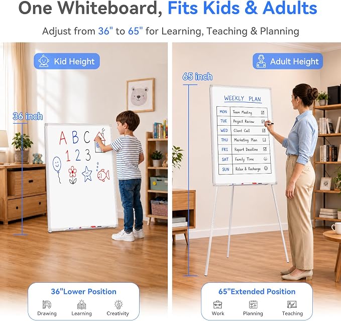 Maxtek Easel Whiteboard 36 x 24 in, Stand Tripod with Height Adjustable | 3' x 2' Magnetic Dry Erase Surface, Flipchart Stand, Portable Tripod Easel for Office, Teaching, Home and Classroom