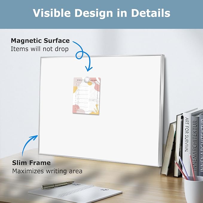 Magnetic Whiteboard, 24" x 18" Dry Erase White Board for Wall | Silver Aluminum Frame, Easy to Write and Erase, Wall Mounted, Presentation Board, for Home, Office, School, Kitchen