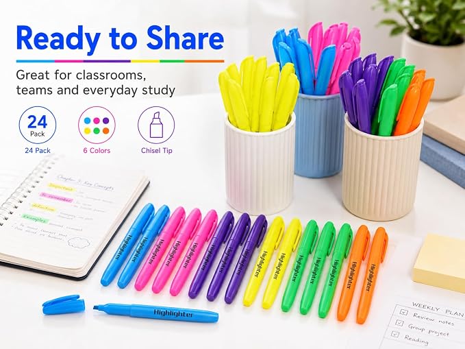 Highlighters Assorted Colors, 24 Pack Chisel Tip Highlighter Bulk | Highlighters for Classroom, Teacher Supplies, Students, School, Office and Note Taking, Back to School, Classroom Must Have