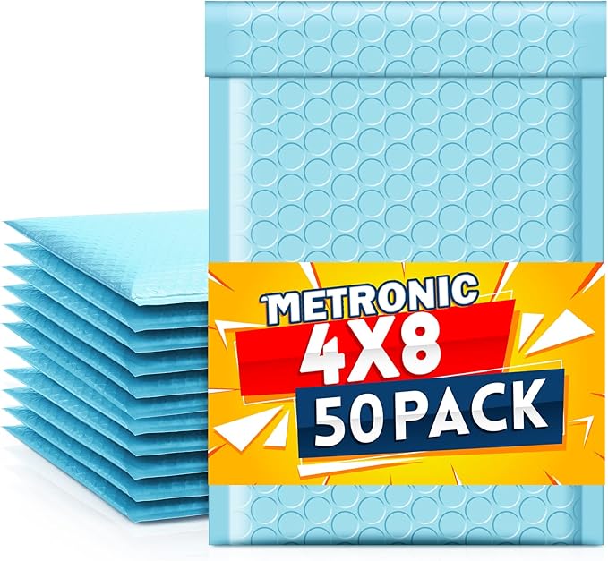 Metronic Light Blue Bubble Mailers 4x8 50Pack Small Bubble Mailers, Self-Seal Padded Envelopes, Padded mailers for Shipping, Packaging for Business Usable Size 4x7