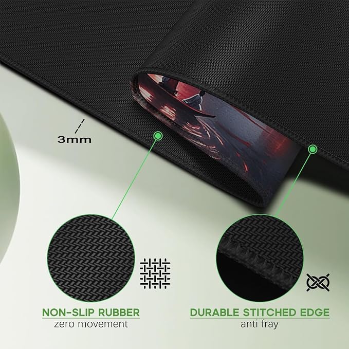 Japanese Sakura Mouse Pad, Red Moon, 31.5x11.8 Inch, Black Anime | Anime Desk Mat, Large, Non-Slip Rubber Base, Waterproof, Stitched Edges