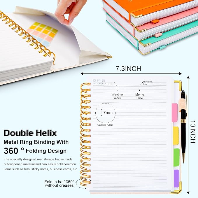 Hardcover Spiral Notebook 8"x10" Journal Notebook with Tabs and Removable Dividers 300 Pages 5 Subject Notebook College Ruled, Faux Leather Spiral Bound Notebook for Women School Work (White)