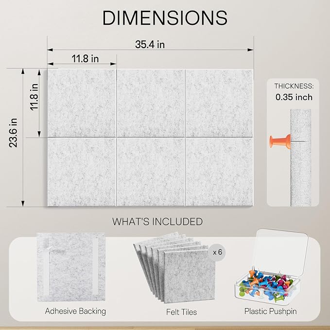 MaxGear Felt Bulletin Board 36" x 24", Light Gray Felt Wall Tiles Push Pins | Cork Board For Walls Alternative, 6 Pack 11.8" x 11.8" Wall Panels, Pin Board Custom Layout Design, Office Decor Home Decor