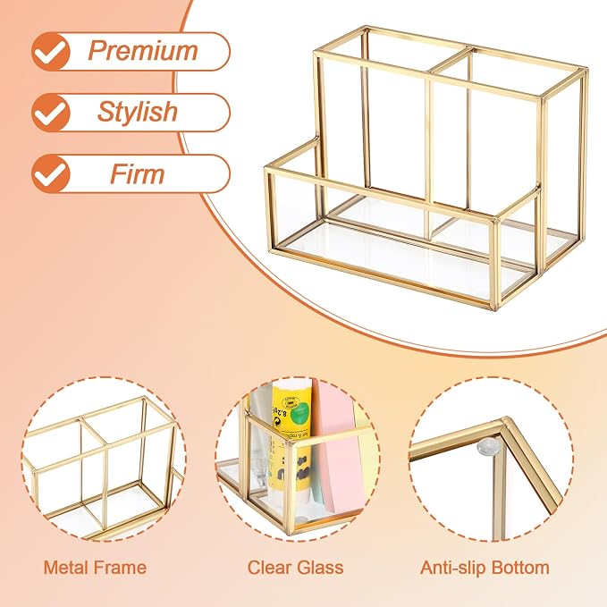 BTSKY 1 Pack Golden Glass Pen Holder for Desk, Clear Pencil Cup with 3 Compartments, Metal Pen Cup Makeup Brushes Holder, Desktop Pens Pot Container, Stationery Cosmetic Caddy Storage for Office Home