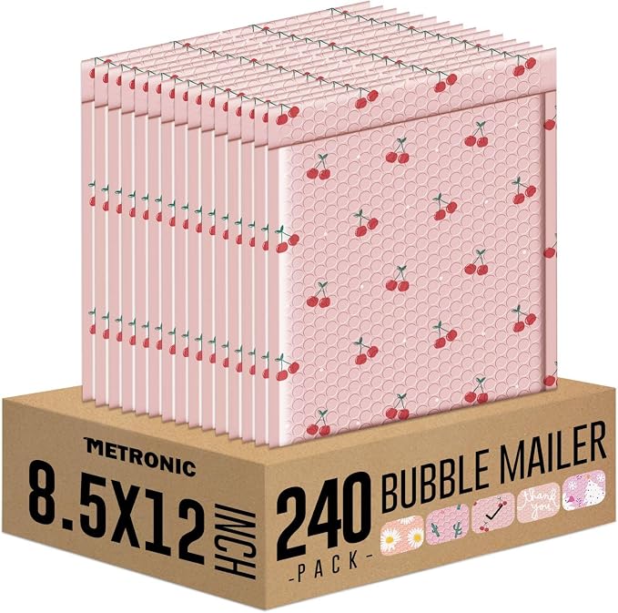 METRONIC Bubble Mailers 8.5x12 Inch 240 Pack Cherry Pink Padded Envelopes | Usable Size 8.5x11", Self Seal Bubble Envelopes Bulk Strong Adhesion Mailing Envelopes for Small Business, Books, Cute Design