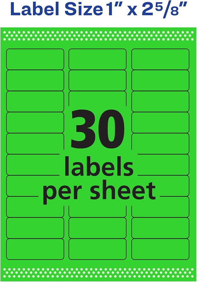 Avery Printable Address Labels with Sure Feed,1" x 2-5/8",Assorted Neon Colors (Magenta,Green and Yellow),Laser & Inkjet Compatible,450 Blank Labels Total (5979),(Pack of 5)