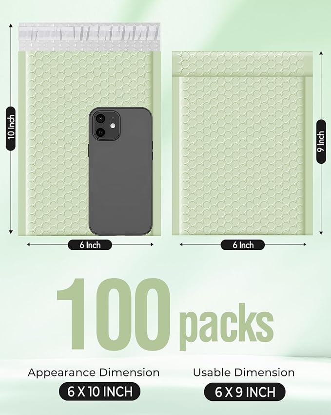 Metronic Bubble Mailers 6x10" 100 Pack Mint Green Self-Seal Padded Envelopes Usable Size 6x9" Waterproof Bubble Envelopes Bulk for Small Business Padded Mailers for Mailing Jewelry #0