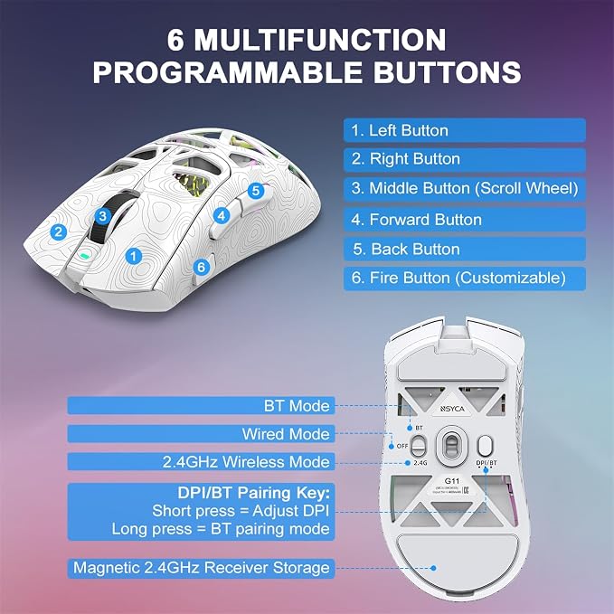 G11 RGB Wireless Gaming Mouse for Gaming Setup & Multi-Device Use, Tri-Mode Bluetooth 5.1/2.4GHz/USB-C, 22000 DPI Lightweight Programmable Mouse for PC, Laptop & Mac